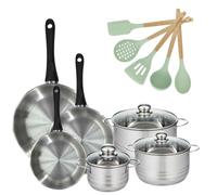 Batterie de cuisine avec 3 faitouts 16/20/24 cm et 3 poêles 20/24/28 cm avec 5 ustensiles de cuisine Fackelmann Généva Brillant Ocean