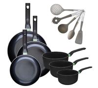 Batterie de cuisine avec 3 poêles 24/28/30 cm et 3 casseroles 16/18/20 cm sans PFAS et 5 ustensiles de cuisine Fackelmann Brandao Vario