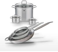 Batterie de cuisine avec 3 poêles 24/28/32 cm et 3 faitouts 12/14/26 cm en inox avec 6 ustensiles de cuisine Elo Collection Relief Solution Citrin