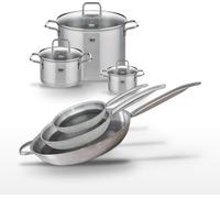 Batterie de cuisine avec 3 poêles 24/28/32 cm et 3 faitouts 14/20/26 cm en inox sans PFAS Elo Collection Relief Solution Citrin