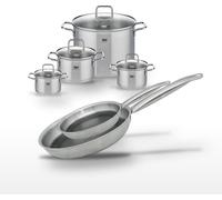 Batterie de cuisine avec 4 faitouts 14/16/20/26 cm et 2 poêles 24/28 cm en inox avec 6 ustensiles de cuisine Elo Collection Relief Solution Citrin