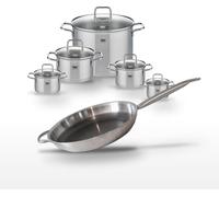 Batterie de cuisine avec 5 faitouts 12/14/16/20/26 cm et 1 poêle antiadhésive 32 cm en inox sans PFAS Elo Collection Relief Solution Citrin