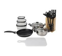 Batterie de cuisine de 18 pièces (1 poêle+2 casseroles+1 planche à découper+1 paire de ciseaux+3 ustensiles en nylon+4 tuppers+1 bloc en bois