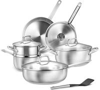 Batterie de cuisine en acier inoxydable - Set de 10 casseroles et poêles - Poêle à frire, casserole, panier vapeur - Avec couvercles - FCM - Modèle 98551