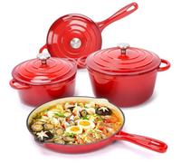 Batterie De Cuisine En Fonte Émaillée - 7 Pièces, Faitout, Poêle, 3 Couvercles, Cocotte À Pain, Revêtement Anti-Adhésif En C[EC83]