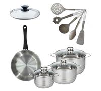 Batterie de cuisine Généva Brillant Vario : 3 faitouts 16/20/24 cm et 1 poêle 24 cm avec 6 ustensiles de cuisine couvercles inclus Fackelmann Généva Brillant Vario avec couvercles