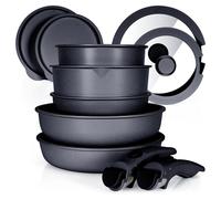Batterie de cuisine Glissimo – Batterie de poêles en céramique 15 pièces, couleur noire – Poignée amovible – Revêtement antiadhésif – Batterie de poêles – Convient à toutes les sources de chaleur