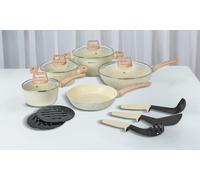 Herzberg Batterie de cuisine HG-WDBEJ14 – 14 pièces, revêtement granit, poignées en bois – Beige