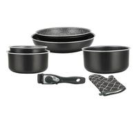 Herzberg HG8053 BLK Batterie De Cuisine, Lot de 3 Casseroles Induction et 2 Poeles Tous Feux de différentes tailles et 1 gant de cuisine, Revêtement Marbre Antiadhésif, Poignées Amovibles, Noir