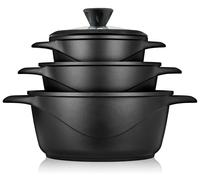 Briebe MGK-18S Set de casseroles à induction 6-pièces en fonte d'aluminium 3 casseroles 3 couvercles en verre noir