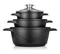 Briebe MGK-18 Set de casseroles à induction 6-pièces en fonte d'aluminium 3 casseroles 3 couvercles en verre noir