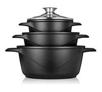Batterie de Cuisine Induction 6 Pièces Aluminium Fonte 3 Casseroles 3 Couvercles Briebe MGK-18 Noir