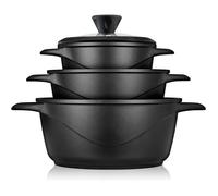 Briebe MGK-18S Set de casseroles à induction 6-pièces en fonte d'aluminium 3 casseroles 3 couvercles en verre noir