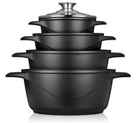 Briebe Casseroles induction MGK-12 8 pièces fonte d'aluminium 4 casseroles 4 couvercles en verre Noir