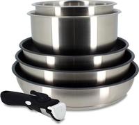 Batterie de Cuisine Induction MENASTYL, Inox, 6 Pièces, Poignée Amovible, Gris, 3 Poêles 22 24 26 cm, 2 Casseroles 16 18 cm