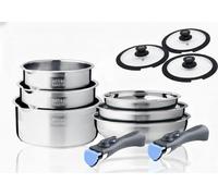 ARTHUR MARTIN - Batterie De Cuisine Inox 11 Pièces - 3 Casseroles Ø 16, 18, 20 cm - 2 Manches Amovibles - 3 Couvercles Silicone - Compatible Induction - Ensemble Pratique Et Ergonomique