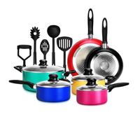 NutriChef Batterie de Cuisine Antiadhésive de 15 pieces Sans PFOA/PFOS, Revêtement Résistant à la Chaleur et Coloré avec Casserole, Poêles à frire, Faitout, Couvercles, 5 Ustensile
