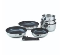 Batterie de Cuisine Réactif 7 Pièces Inox - 3 Casseroles + 3 Poêles | Inox 202, céramique sans PTFE/PFOA, poignée amovible 10 kg, fond capsulé, empilable, induction et four 230°C