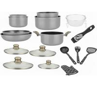Herzberg Batterie de cuisine HG8055-CAR – 17 pièces, revêtement pierre, manche amovible, carbonne