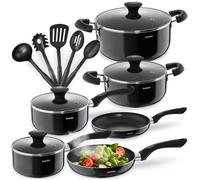 TecTake Batterie de cuisine Varese – aluminium, 15 pièces avec couvercles en verre – noir