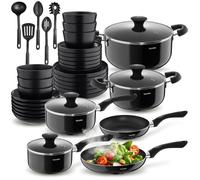 Batterie de cuisine - TECTAKE - Set de cuisine de 39 pièces induction pour 6 personnes avec vaisselle et casseroles - Noir