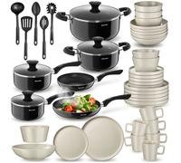 Batterie de cuisine - TECTAKE - Set de cuisine en acier inoxydable et grès émaillé pour 6 personnes, 39 pièces - Taupe/Noir
