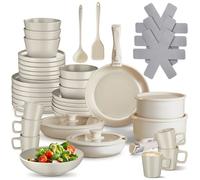 Batterie de cuisine - TECTAKE - Set de cuisine en aluminium inoxydable et grès émaillé pour 6 personnes, 46 pièces - Taupe/Blanc