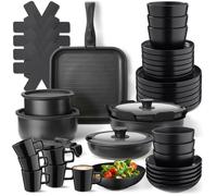 Batterie de cuisine - TECTAKE - Set de cuisine en aluminium inoxydable et grès émaillé pour 6 personnes 47 pièces - Noir