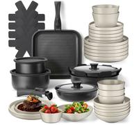 Batterie de cuisine - TECTAKE - Set de cuisine en aluminium inoxydable et grès émaillé pour 6 personnes 41 pièces - Noir/Taupe
