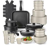 Batterie de cuisine - TECTAKE - Set de cuisine en aluminium inoxydable et grès émaillé pour 6 personnes, 47 pièces - Noir/Taupe