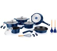 Batterie de cuisson complète poignées amovibles - Revêtement effet marbre - 20 pièces - Tous feux - Bleu nuit