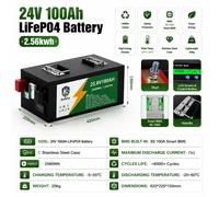 Batterie LiFePO4 - 24 V, 100 Ah, cycle profond - Accumulateur de 2 560 Wh - Plus de 6 000 cycles - BMS intégré de 100 A - Pour installation solaire, camping-car, voiturette de golf