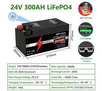 Batterie LiFePO4 24V 300Ah - Capacité de 7,68 kWh - Tension de 25,6V - Système de gestion de batterie (BMS) Bluetooth 8S 200A
