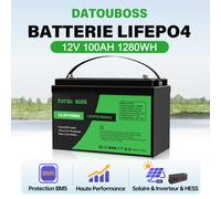 Batterie LiFePO4 Datouboss 12V 100Ah à décharge profonde avec BMS intégré, haute performance pour solaire, onduleur, HESS, 1280Wh 12V 100Ah-A