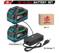 Batterie lithium-ion : ensemble de 2 batteries de 15 cellules, avec chargeur compatible EU. Capacité : 22 500 mAh par batterie. Tension : 18–21 V. Compatible avec Makita