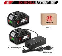 Batterie lithium-ion rechargeable - Bloc de batteries pour outils électriques 18V - 2 batteries - 10 cellules - 1 chargeur - Type A - Indicateur de niveau de batterie