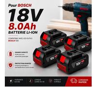 Batterie lithium-ion rechargeable Bosch 18V 8.0Ah pour outils sans fil durée de fonctionnement prolongée 4 unités