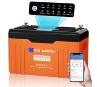 Batterie Lithium LiFePO4 ECO-WORTHY 12V 314Ah Bluetooth avec LED SOC, protection contre les basses températures, 4019Wh, BMS 200A, jusqu'à 15000 cycles profonds pour système solaire hors réseau, noir