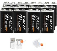 batterie rechargeable 9V, capacité 1200mAh, connecteur de charge Type-C, dimensions compactes, 12pcs batterie
