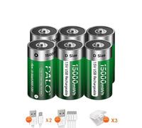 Batterie rechargeable de taille D, charge USB de type C, Li-ion, 6 piles vertes