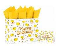 BATYONGOGA Grand sac cadeau d'anniversaire en forme de canard de 33 cm avec poignées, carte de vœux et papier de soie sur le thème des animaux de la ferme d'oie pour fête d'anniversaire d'enfants