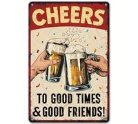 BAUCH Plaque Métallique Rétro "Cheers to Good Times & Good Friends", 1 pièce, 20x30cm, en acier robuste - idéal pour bar, cave à fête, cuisine et comme cadeau pour amateurs de bière et d'amitié