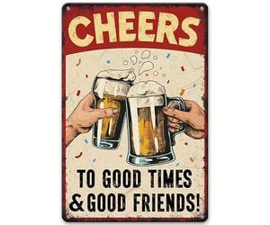 BAUCH Plaque Métallique Rétro "Cheers to Good Times & Good Friends", 1 pièce, 20x30cm, en acier robuste - idéal pour bar, cave à fête, cuisine et comme cadeau pour amateurs de bière et d'amitié