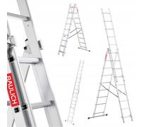 Baulich - Échelle Multifonction 3en1 Télescopique en Aluminium Double - 3x9(marches) Polyvalente, Pliable, Jusqu'à 150kg, pour Les Travaux dans la Maison et Le Jardin, Légère 12,5 kg, Argent