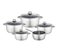 Baumalu, Batterie 9 Pièces INOX en Acier Inoxydable, Couvercle en Verre avec Bord Inox et Trou Vapeur, Compatible Tous Feux et Induction, Résistant au Lave-Vaisselle