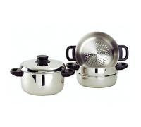Baumalu - Combiné Vapeur 3 Corps Inox - Ø 20 cm - Tous Feux | Triple fond diffuseur inox/alu/inox à chaleur homogène, couvercle verre et poignées bakélite ; cuisson vapeur, induction