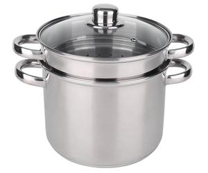 BAUMALU - Cuiseur à Pâtes - Acier Inoxydable - Tous Feux dont Induction - Triple Fond Diffuseur, Répartition Homogène de la Chaleur - Couvercle en Verre avec Bords Inox et Trou Vapeur - Ø24cm