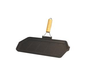 Baumalu - Grill Rectangulaire noir en Fonte - 33,5 x 19,5 cm - Induction | Répartition homogène de la chaleur, pour marquer viandes et légumes, manche bois rétractable, tous feux dont induction