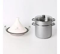 Baumalu - Lot Couscoussier Inox 26cm et Tajine Inox 30cm | Couscoussier 11L couvercle verre et tajine céramique blanche, tous feux dont induction, Couvercle Céramique