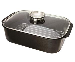 Baumalu - Rôtissoire Fonte Alu - 33 x 21 cm - Couvercle Verre | Fonte d'aluminium anti-adhérente multi-couches, couvercle verre à bouton arôme ; passoire et bec verseur, va au four à 240°C